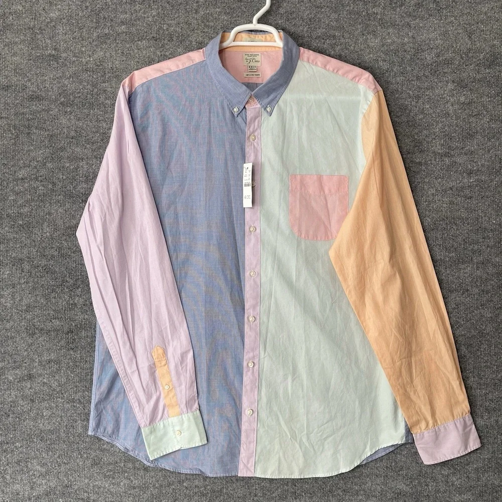 J Crew Shirt Mens 2XLT Button Down Pastel Colorblock Long Sleeve Poplin Easter